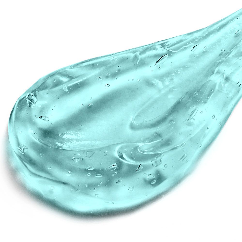 Blaues Gel. Nahaufnahme. Transparente Textur mit Bläschen.