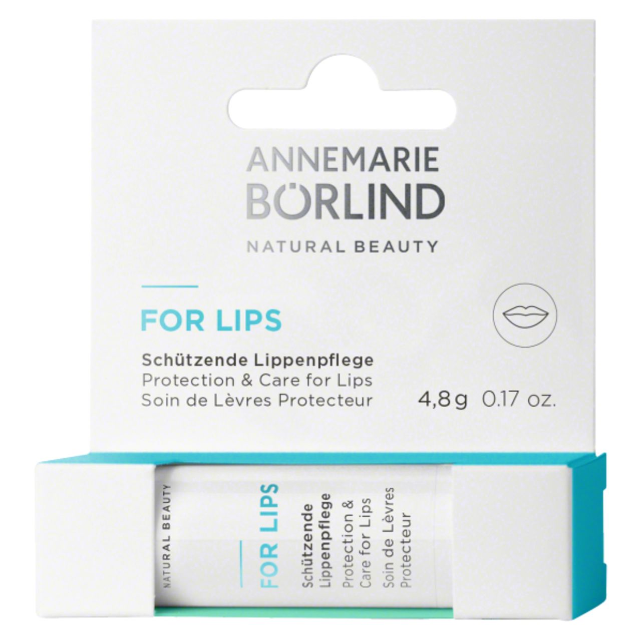 Verpackung mit Lippenpflegestift. Marke: ANNEMARIE BÖRLIND FOR LIPS. Text: FOR LIPS, 4,8g 0.17 oz.