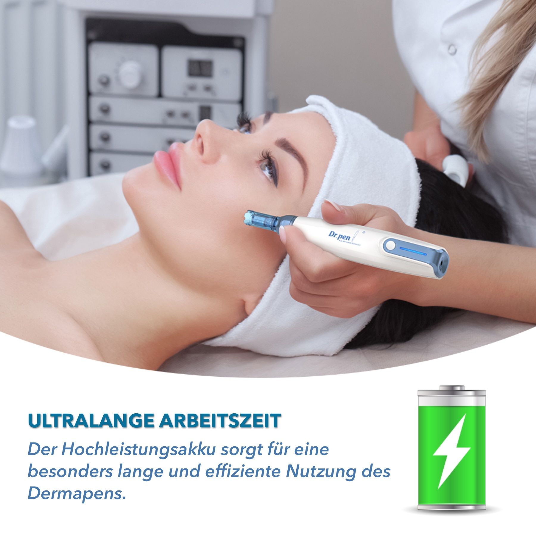 Frau erhält Behandlung mit Dermapen. Text: Ultralange Arbeitszeit. Der Hochleistungsakku sorgt für lange und effiziente Nutzung des Dermapens.
