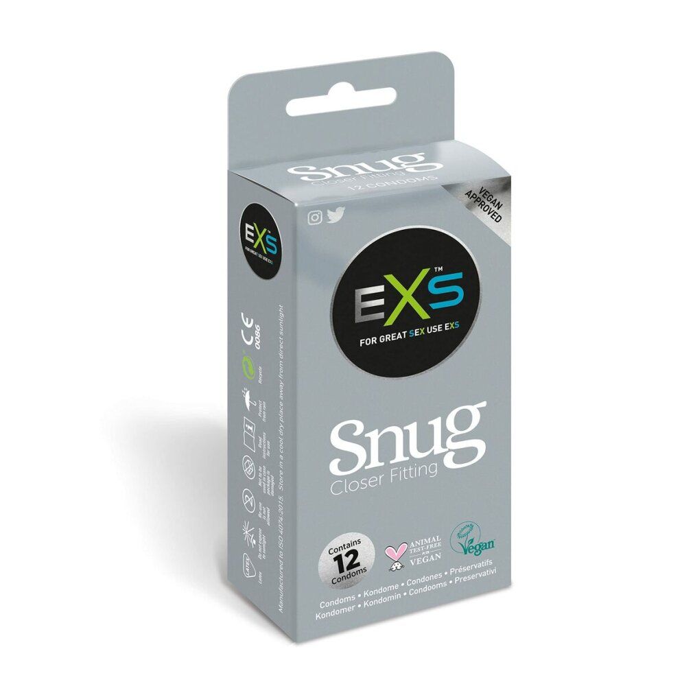 Schachtel mit 12 EXS Snug Fit Kondomen. Aufschrift: Snug Closer Fitting. Vegan Approved. Mit PETA-Logo.