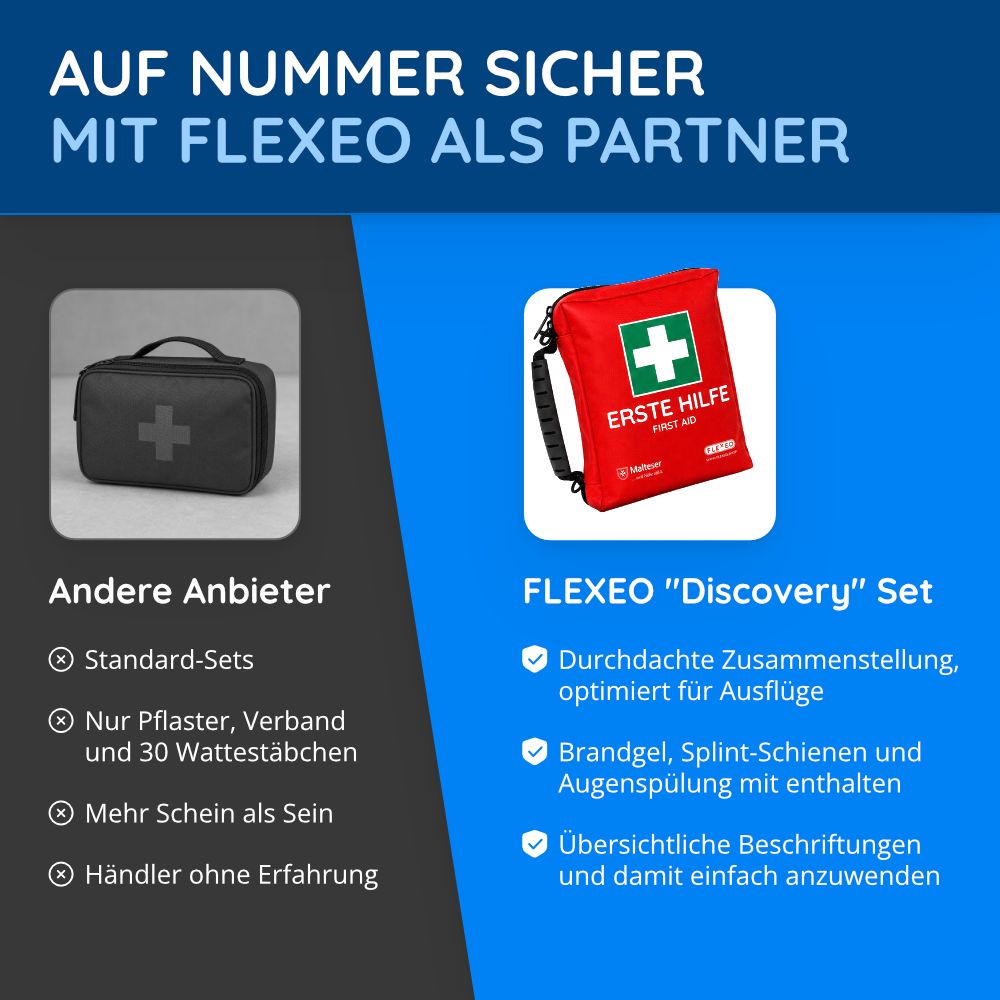 Vergleich von FLEXEO Erste-Hilfe-Tasche mit anderen Anbietern, Hervorhebung von Vorteilen.