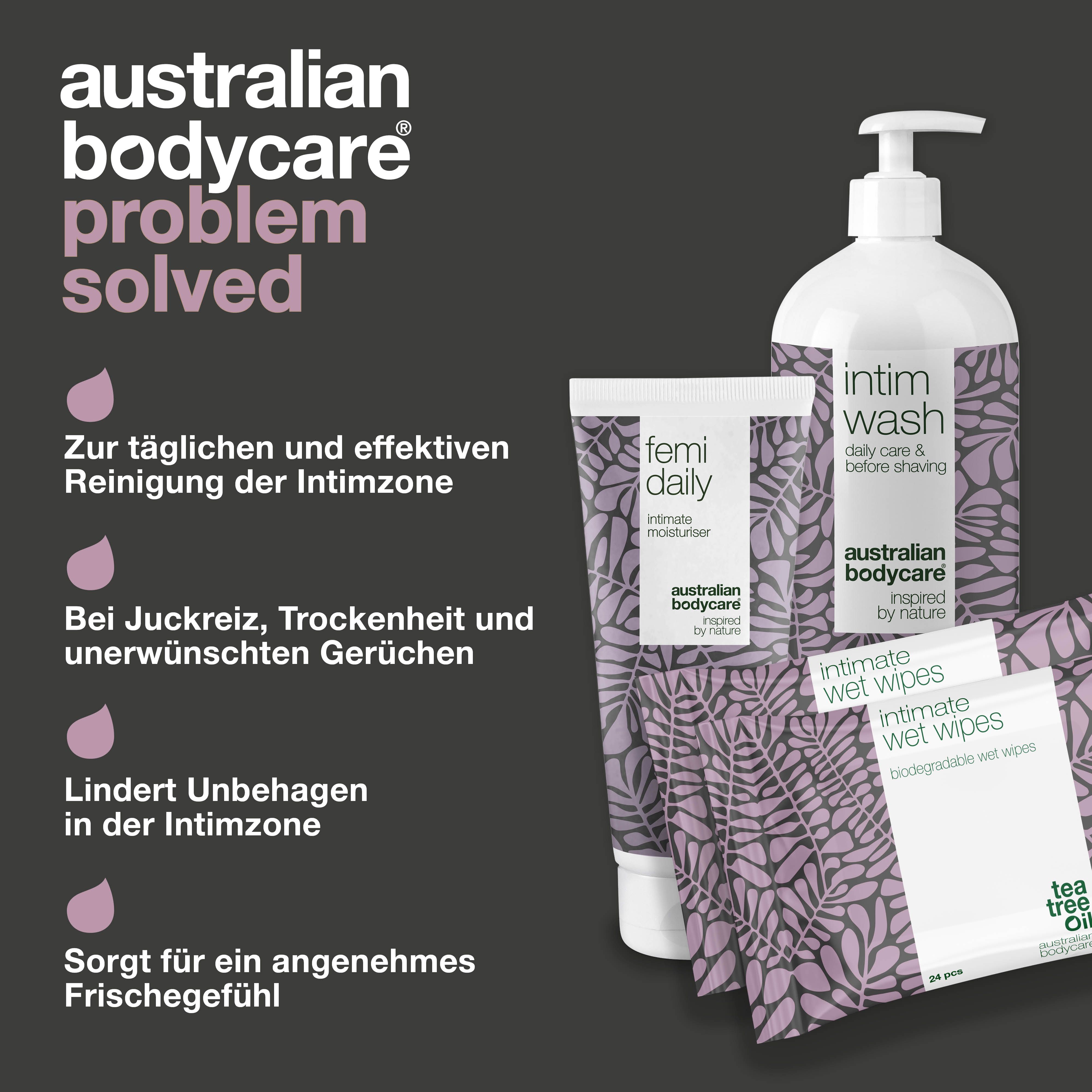Produkt-Set mit Intimwaschgel, Feuchtigkeitspflege und Feuchttüchern. Text und Logo.