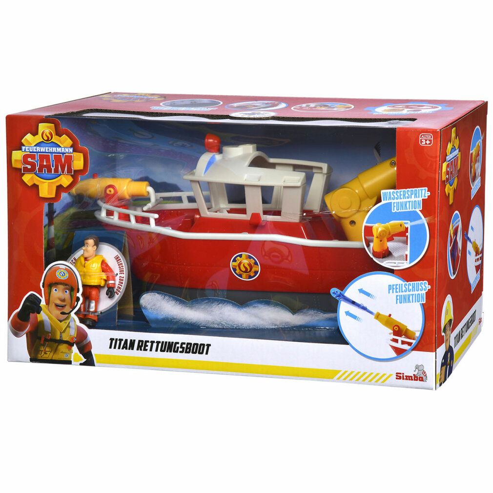 Spielzeugboot in roter Verpackung. Feuerwehrmann Sam und Titan Rettungsboot. Simba-Logo.
