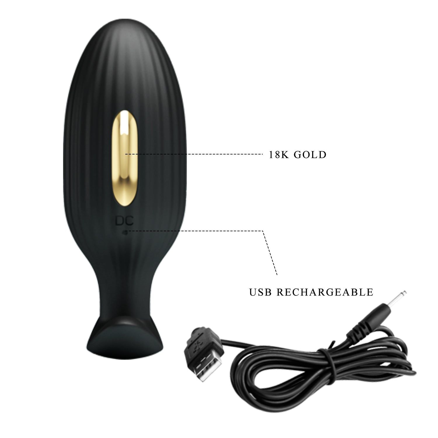 Schwarzer Plug mit goldfarbenem Akzent. USB-Ladekabel. Text: 18K Gold. DC-Anschluss.