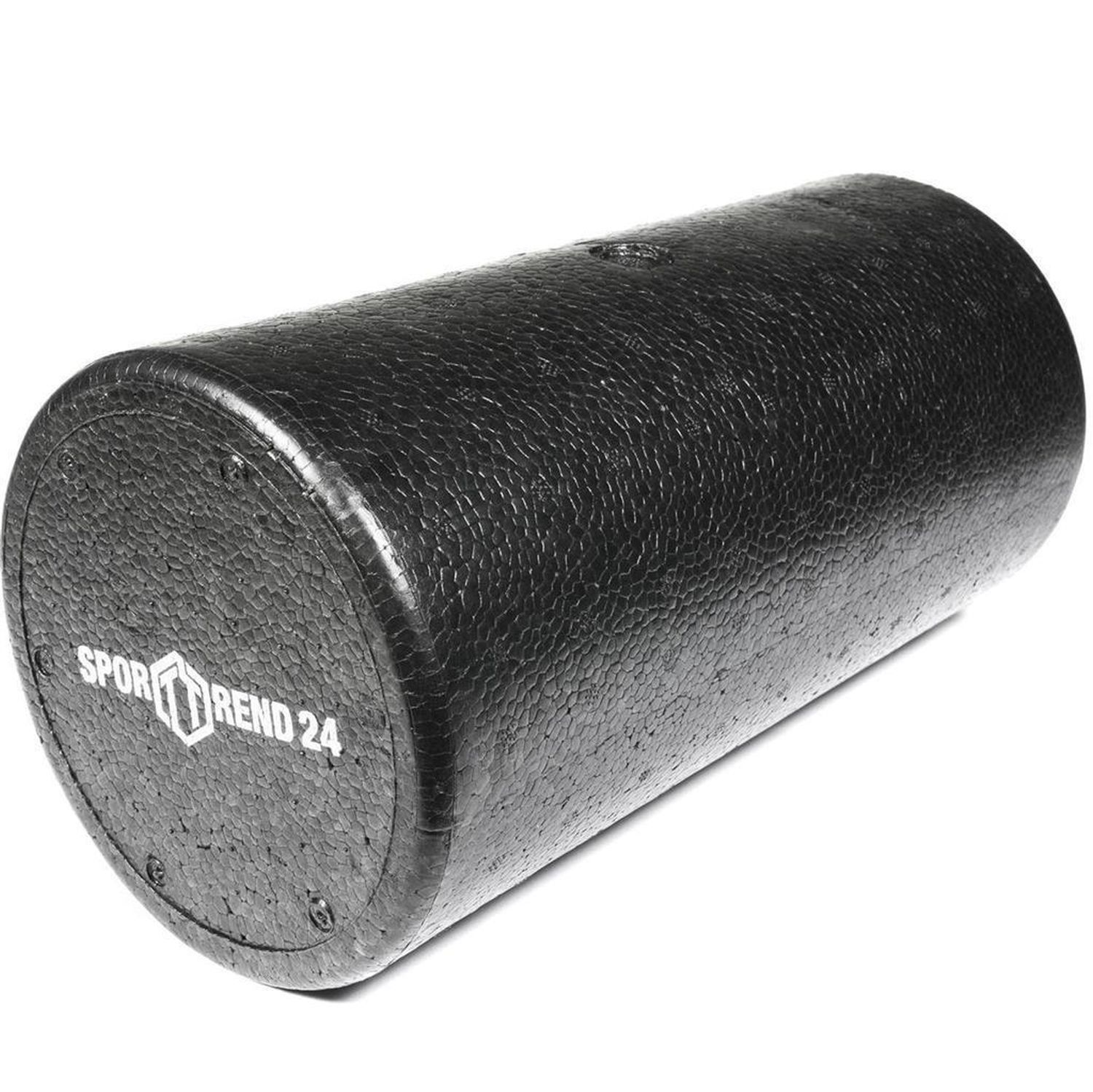 Schwarze Faszienrolle mit strukturiertem Oberflächenmaterial. Sporttrend24 Logo auf dem Rollenende. Zylindrische Form.