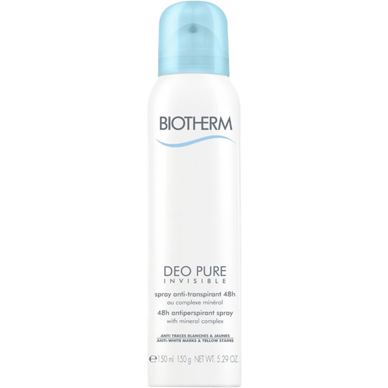 Weißes Deospray mit blauem Sprühkopf. BIOTHERM, DEO PURE. Text: Anti-Transpirant 48H, mit Mineralienkomplex.