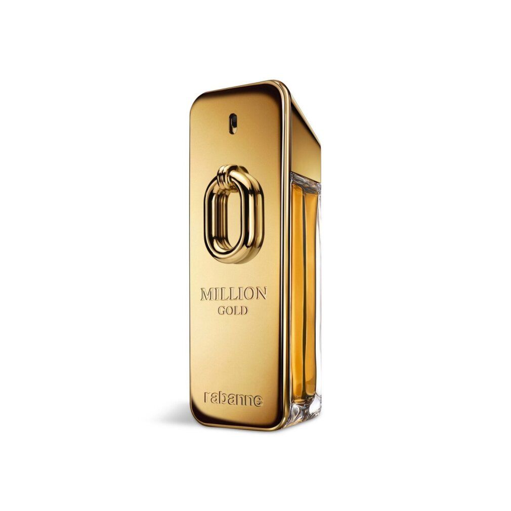 Goldfarbener Flakon. Aufschrift: MILLION GOLD, Rabanne. Rechteckige Form mit goldenem Verschluss.