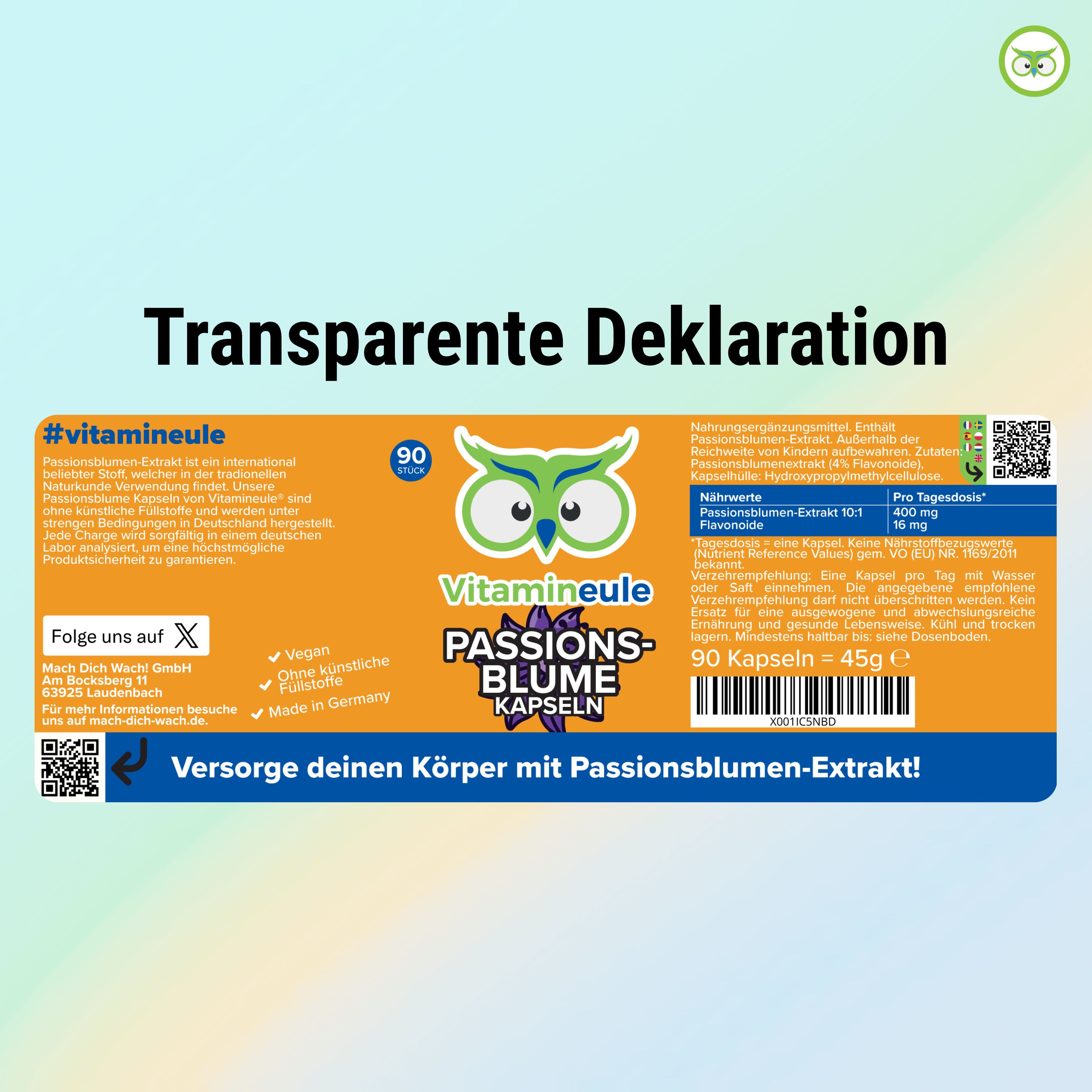 Etikett der Passionsblume Kapseln. Enthält Informationen zu Inhaltsstoffen, Nährwerten und Hersteller. Mit QR-Code.