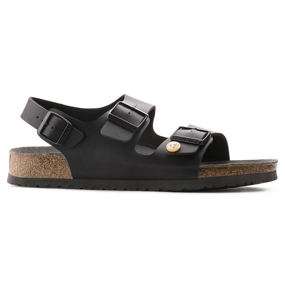 Schwarze Birkenstock Milano Sandale mit zwei Riemen, Schnallen und ESD-Logo.