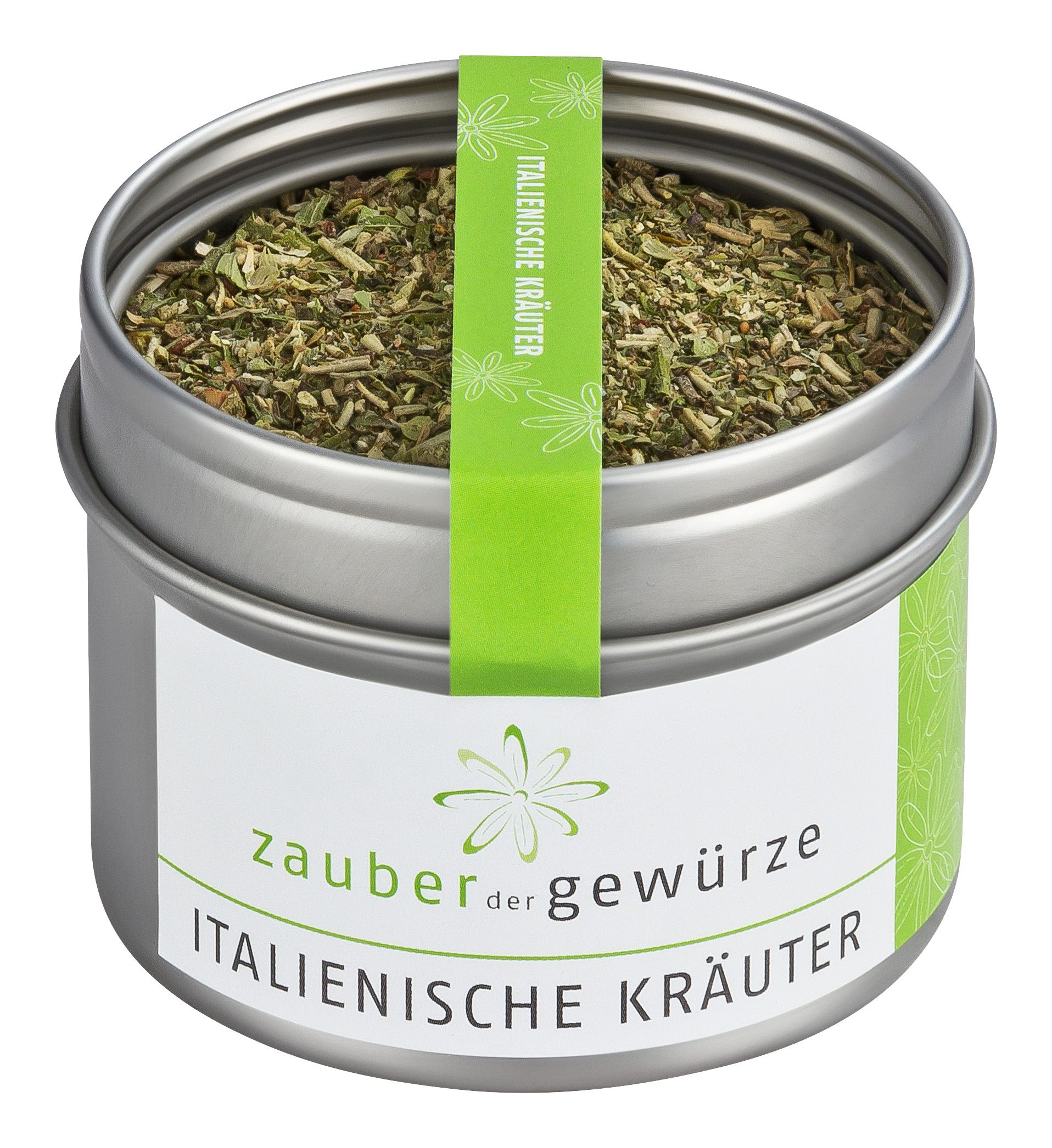 Runde Dose mit italienischen Kräutern. Aufkleber mit Produktnamen und grünes Band. Deckel geöffnet.
