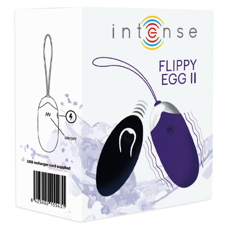 Produktverpackung mit lila Ei, Fernbedienung und Text. Illustrationen von Ei und Fernbedienung. Text: Intense, Flippy Egg II.