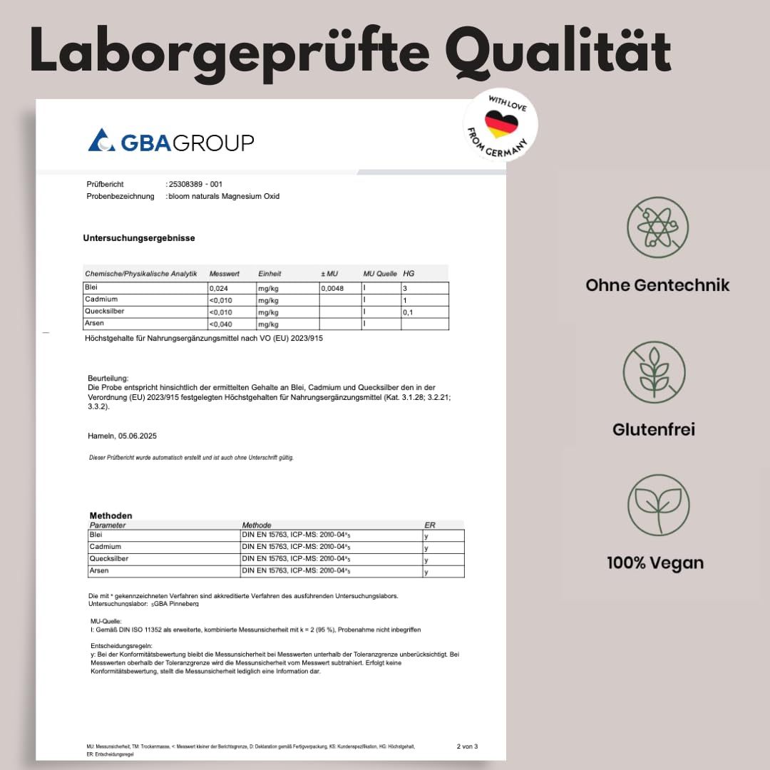 Laborgeprüftes Qualitätszertifikat. Text: Ohne Gentechnik, glutenfrei, 100% vegan. Logo: GBA Group.