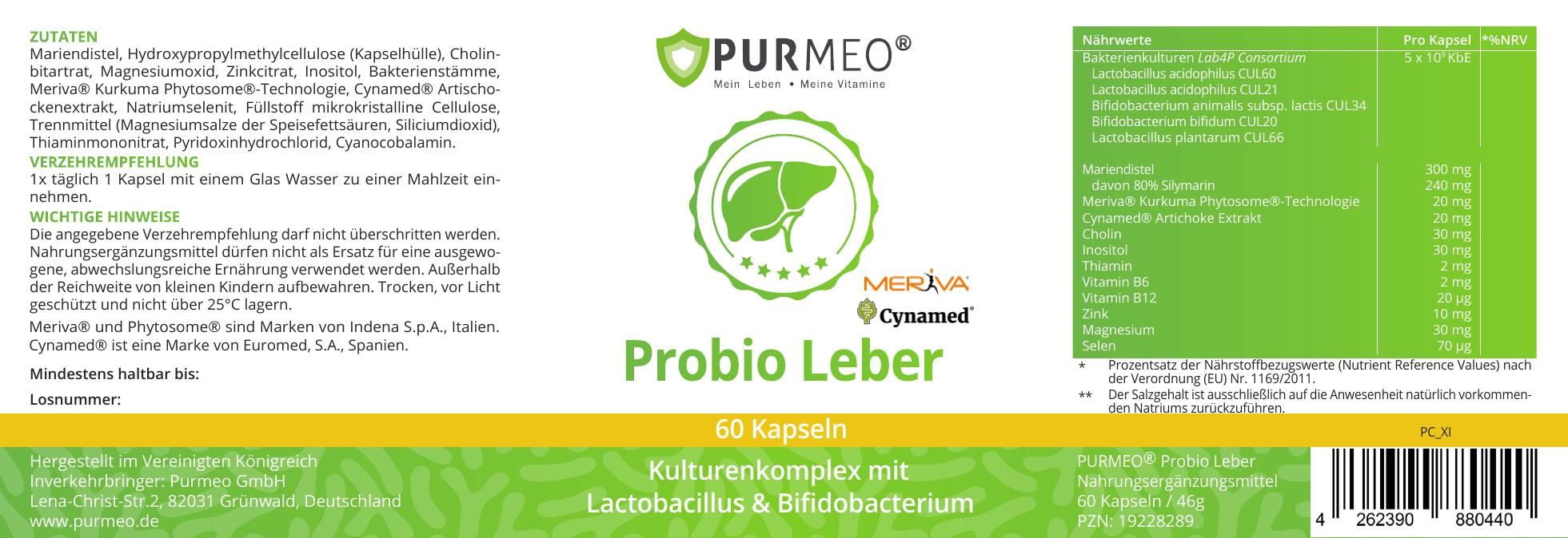 Etikett mit Produktinformationen. Aufschrift: PURMEO, Probio Leber, 60 Kapseln. Grün-gelbes Design mit Leber-Symbol und Inhaltsstoffen.