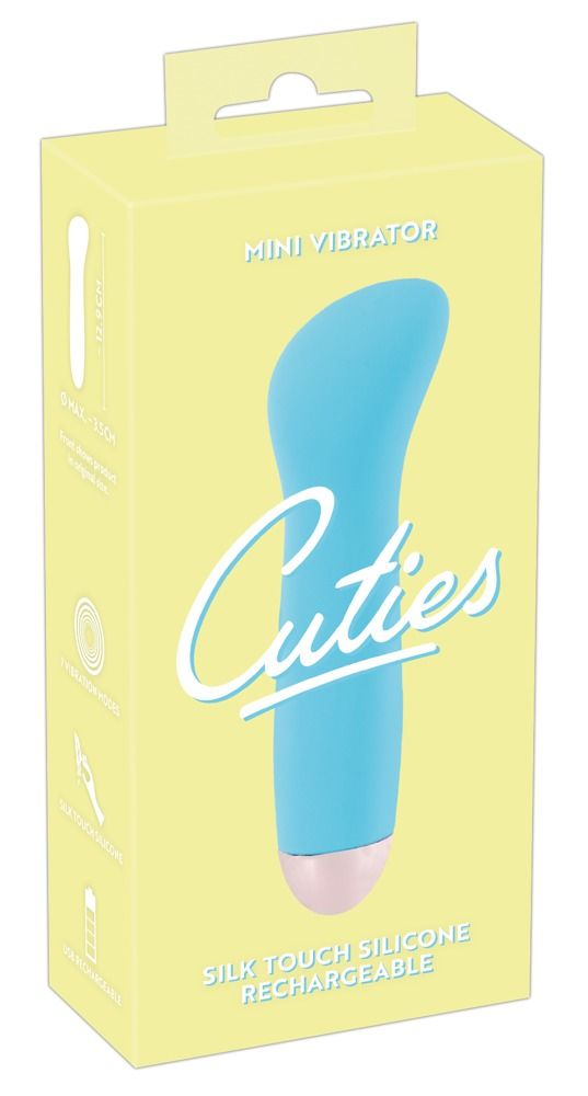 Blauer Mini-Vibrator mit Ladeanschluss, der mit einem Kabel verbunden ist.