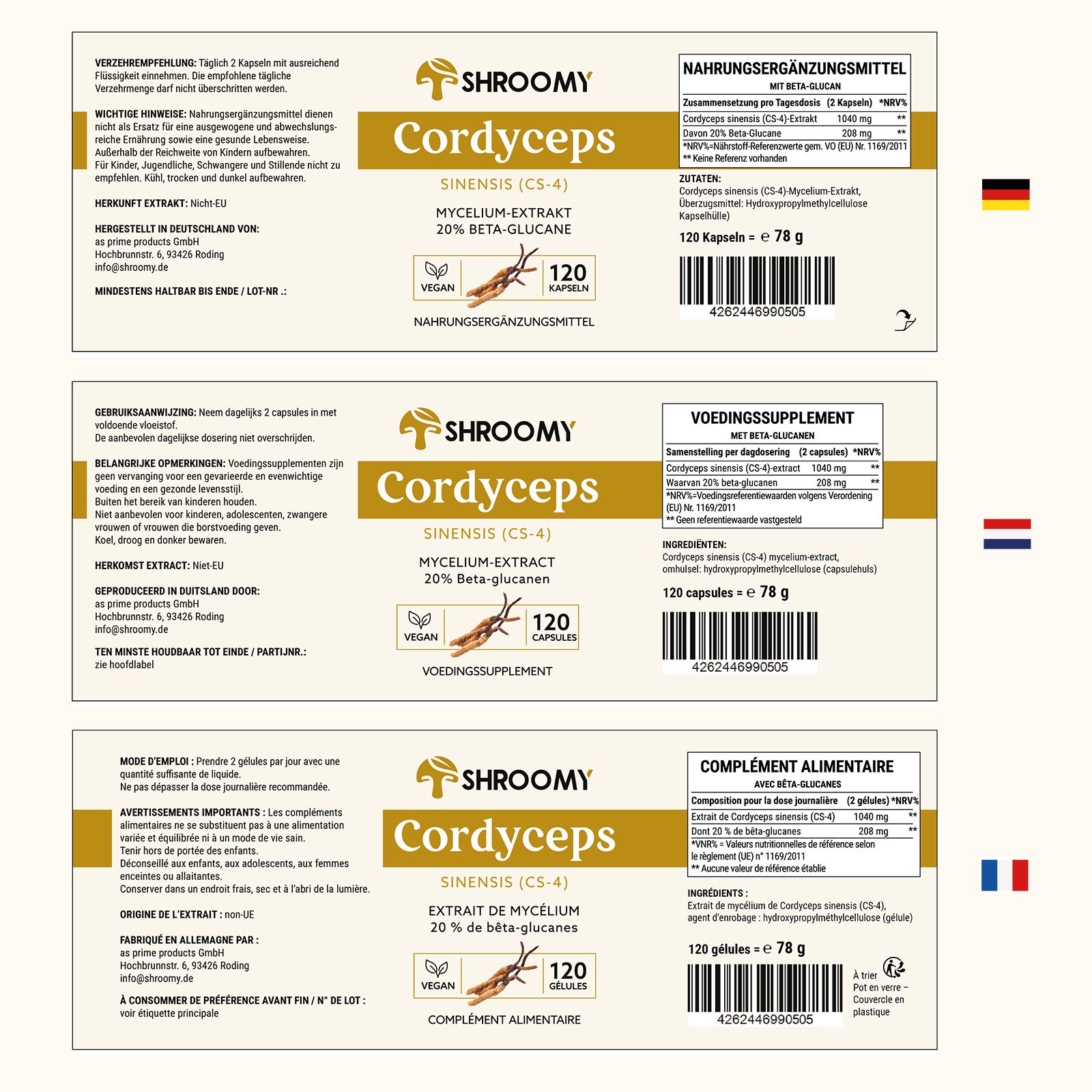 Drei Etiketten mit Text: SHROOMY Cordyceps Sinensis (CS-4), Mycelium-Extrakt, 20% Beta-Glucane, 120 Kapseln. Vegan. Mit deutscher, niederländischer und französischer Flagge.