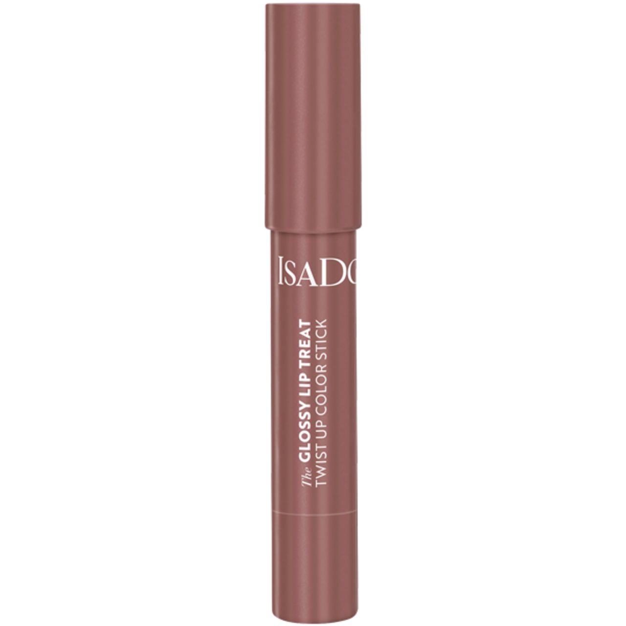 Lippenstift in Stiftform. IsaDora-Logo und Produktname. Farbton: Rosa-Braun. Glänzendes Finish. Aufschrift: The Glossy Lip Treat Twist Up Color Stick.