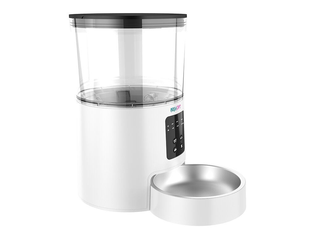 Distributore cibo bianco con contenitore trasparente e ciotola. Logo EASY PET e pannello comandi.