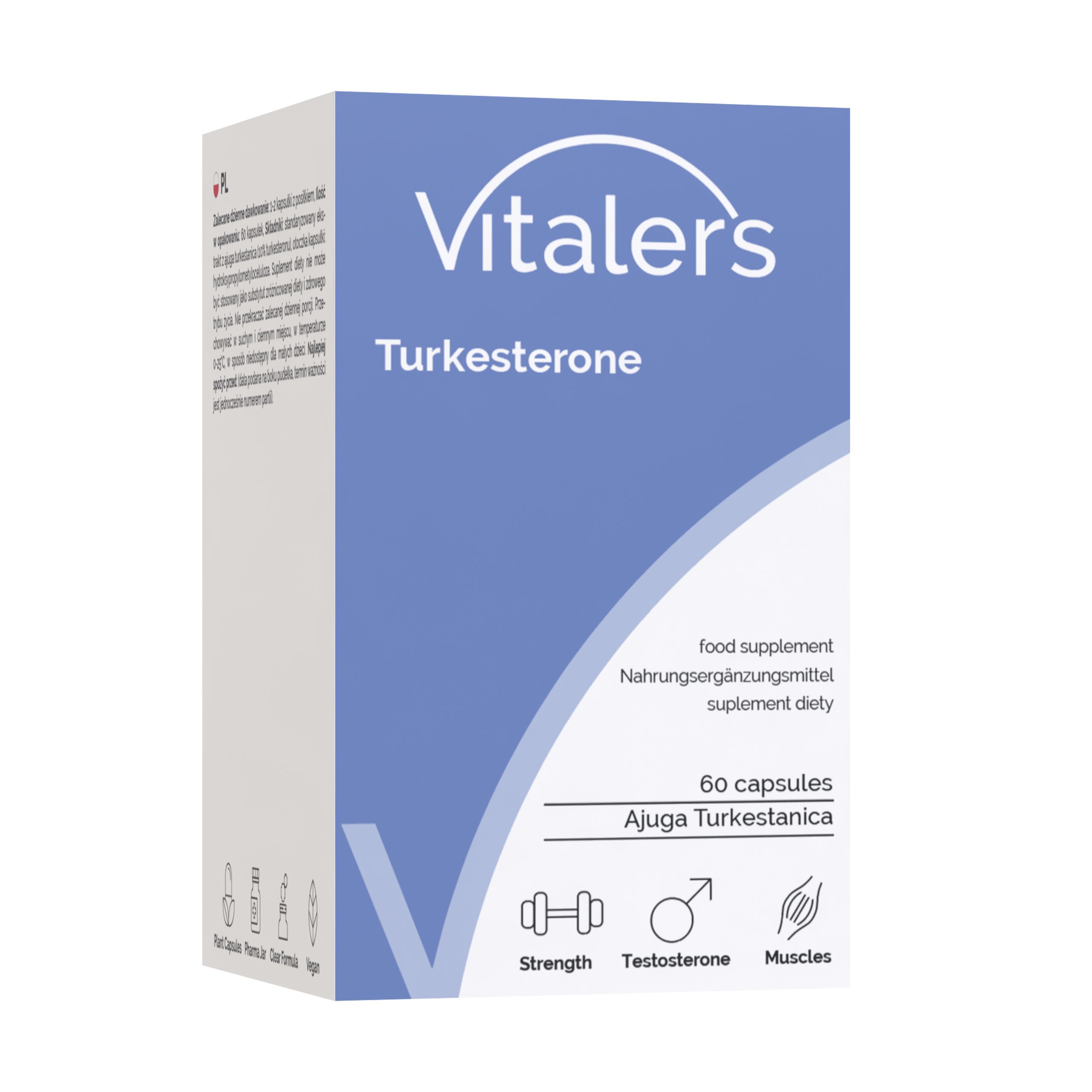 Verpackung von Vitaler's Turkesterone, Nahrungsergänzungsmittel mit 60 Kapseln.