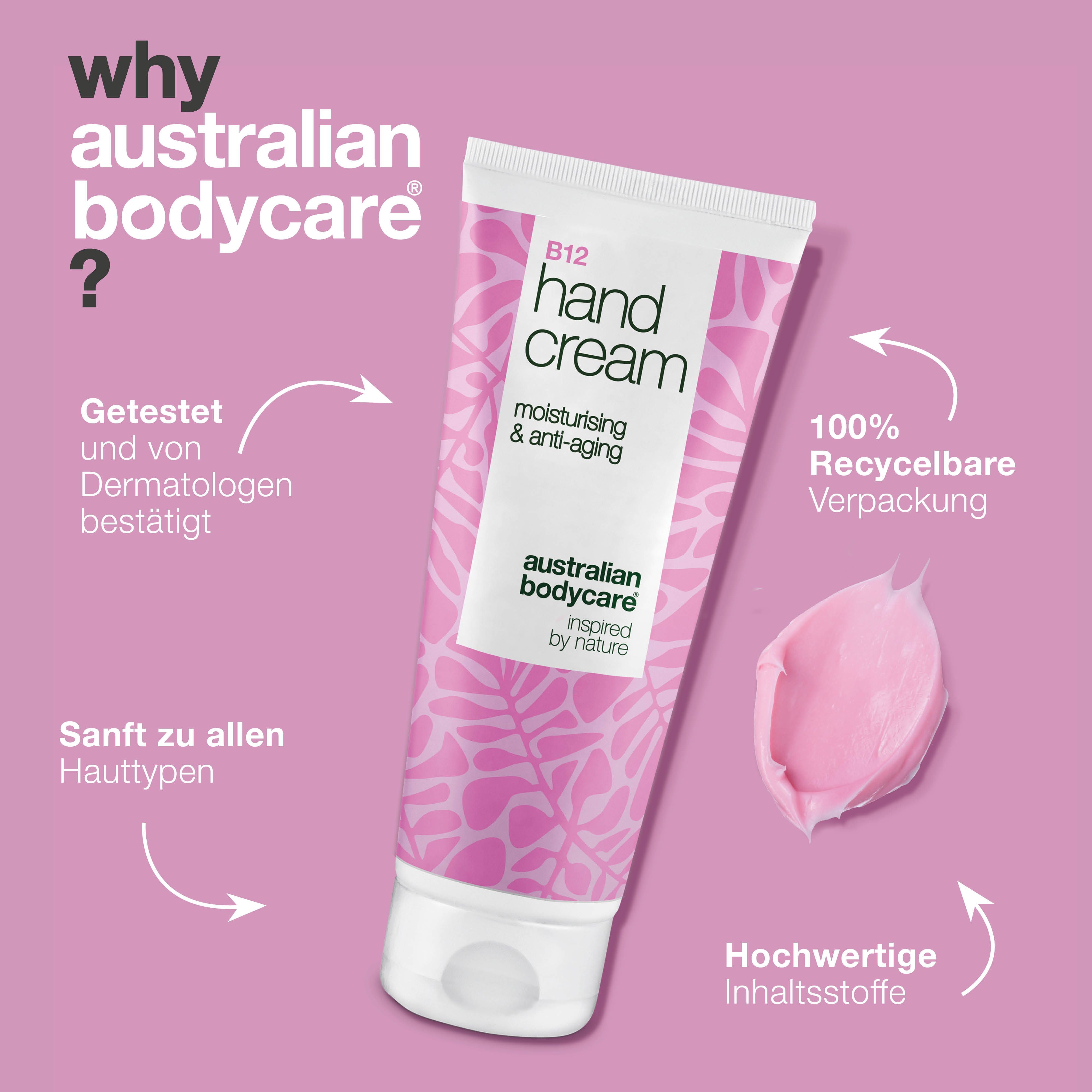 Handcreme-Tube, rosa Creme, Text: B12 Hand Cream, Australian Bodycare. Text: dermatologisch getestet, recyclebar.