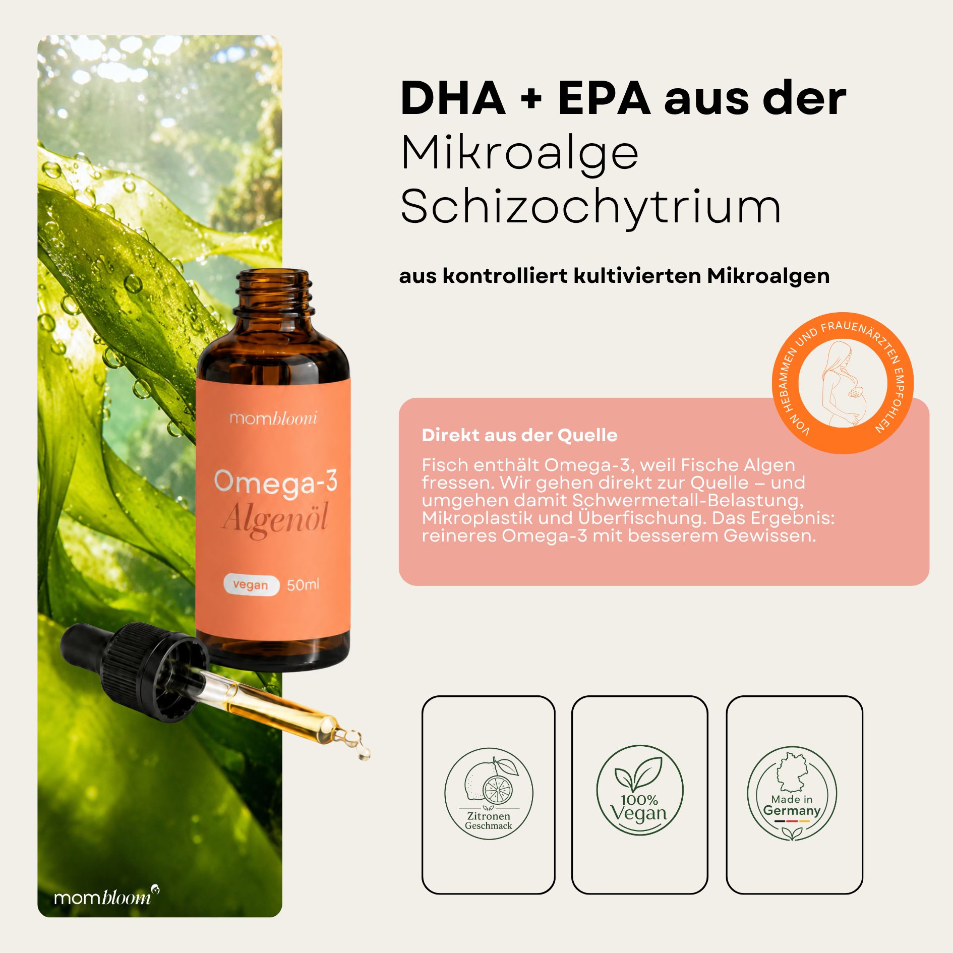 Flasche Omega-3 Algenöl vor Algen. "DHA + EPA aus der Mikroalge Schizochytrium" und "Direkt aus der Quelle" auf dem Etikett.