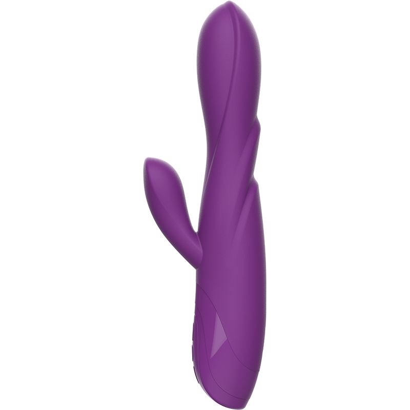 Lila Vibrator mit gebogener Form und seitlichem Element. Glatte Oberfläche.