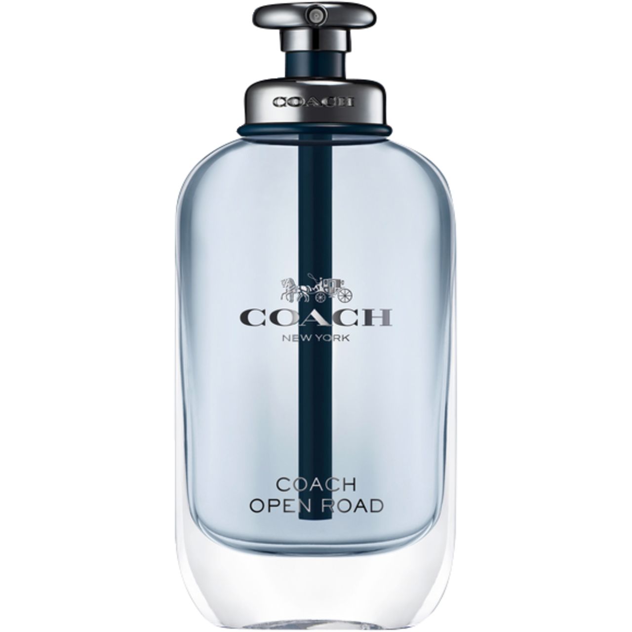 Hellblaues Parfumflakon mit silberfarbenem Verschluss. Aufschrift COACH NEW YORK und COACH OPEN ROAD.