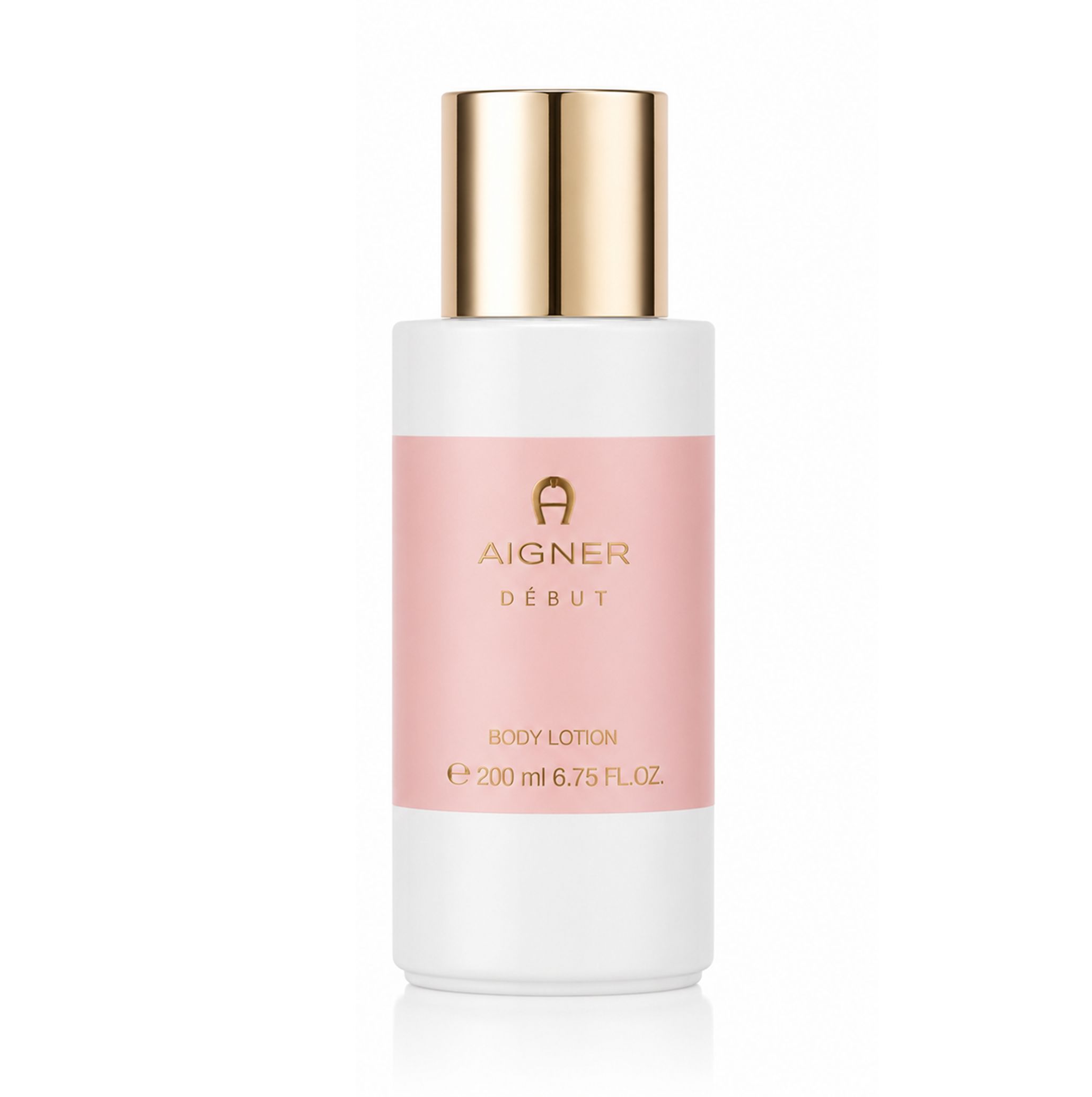 Aigner Début Body Lotion in einer weißen Flasche mit rosa Band und goldenem Verschluss.