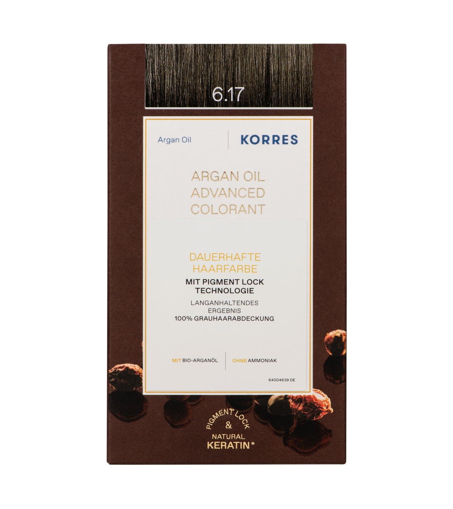 KORRES Arganöl Advanced Colorant-Verpackung. Aufschrift: 6.17, Dauerhafte Haarfarbe, Pigment Lock & Natural Keratin.