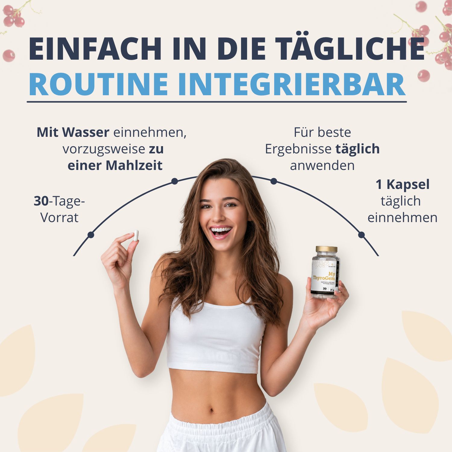 Frau hält Golden Tree My ThyroGem Dose. 30 Kapseln Vorrat, 1 Kapsel täglich einnehmen.