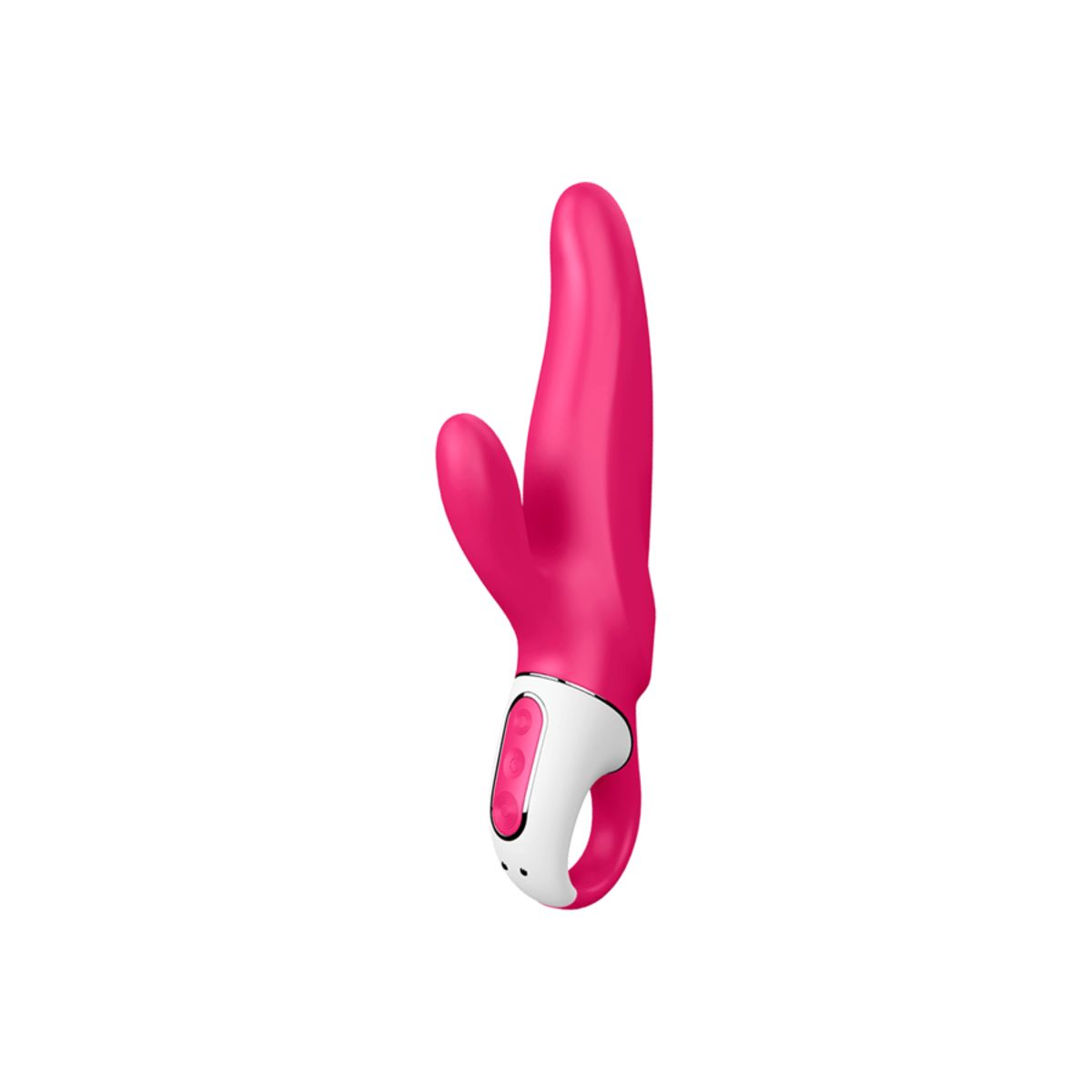 Pinkfarbener Vibrator mit weißem Griff. Der Griff hat Knöpfe. Das Produkt ist länglich.
