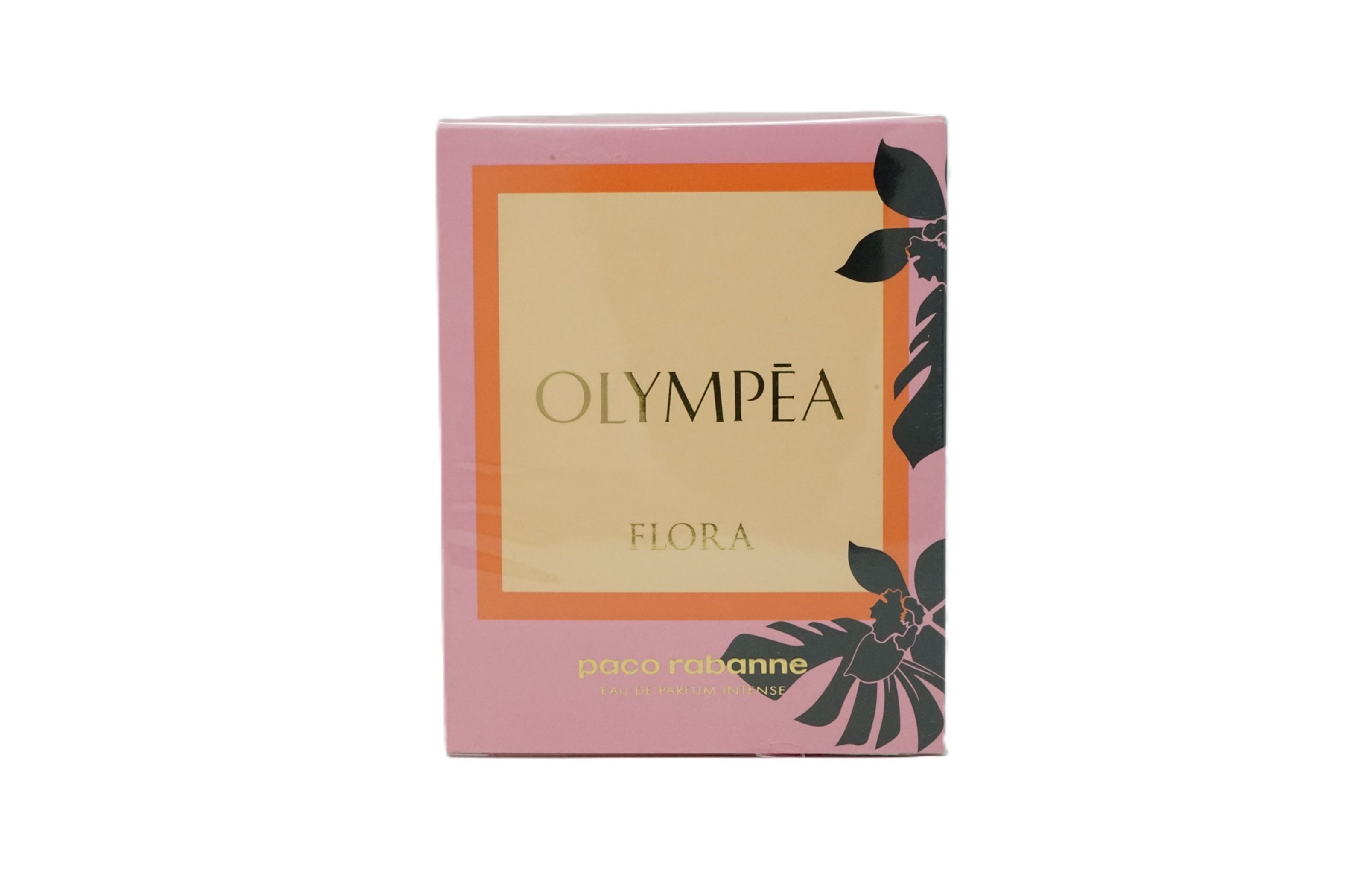 Rosa Verpackung mit "OLYMPÉA FLORA"-Schriftzug. Orangefarbener Rahmen. Schwarze Blumenmuster. Paco Rabanne Logo.