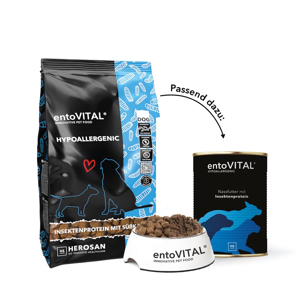 entoVITAL DOG HYPOALLERGENIC-Beutel, Napf mit Futter, Dose. Text: Insektenprotein.