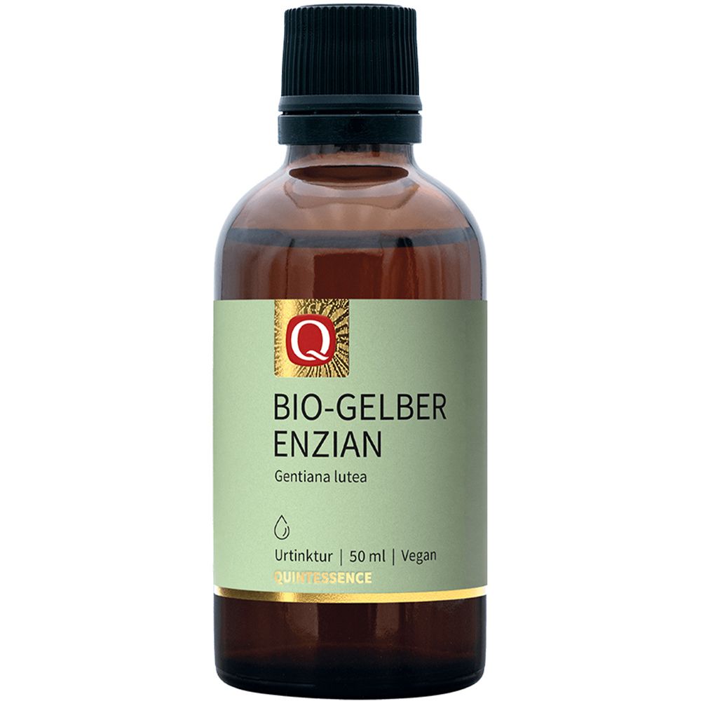 Braune Glasflasche mit grünem Etikett, Quintessence Bio-Gelber Enzian Tinktur, 50 ml, Vegan.