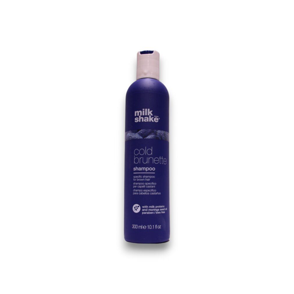 Dunkelviolette Shampoo-Flasche mit rosa Deckel. Aufschrift: Milk Shake, Cold Brunette Shampoo. 300ml.