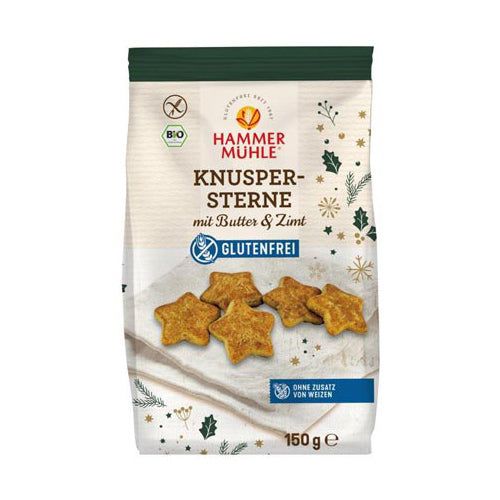 Verpackung mit glutenfreien Knuspersternen mit Butter & Zimt. Sterne-Gebäck, Bio-Siegel, Aufschrift "GLUTENFREI".
