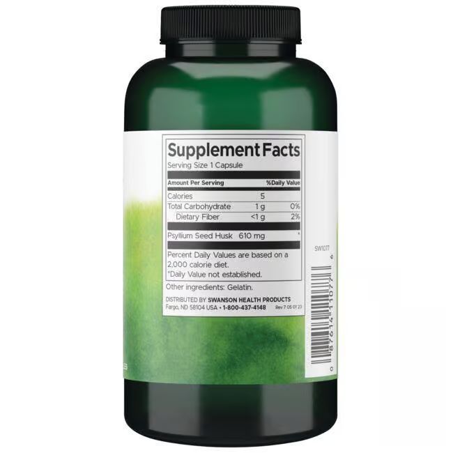 Rückseite der grünen Flasche. Weißes Etikett mit Nährwertangaben und Inhaltsstoffen. Text: Psyllium Seed Husk 610 mg.
