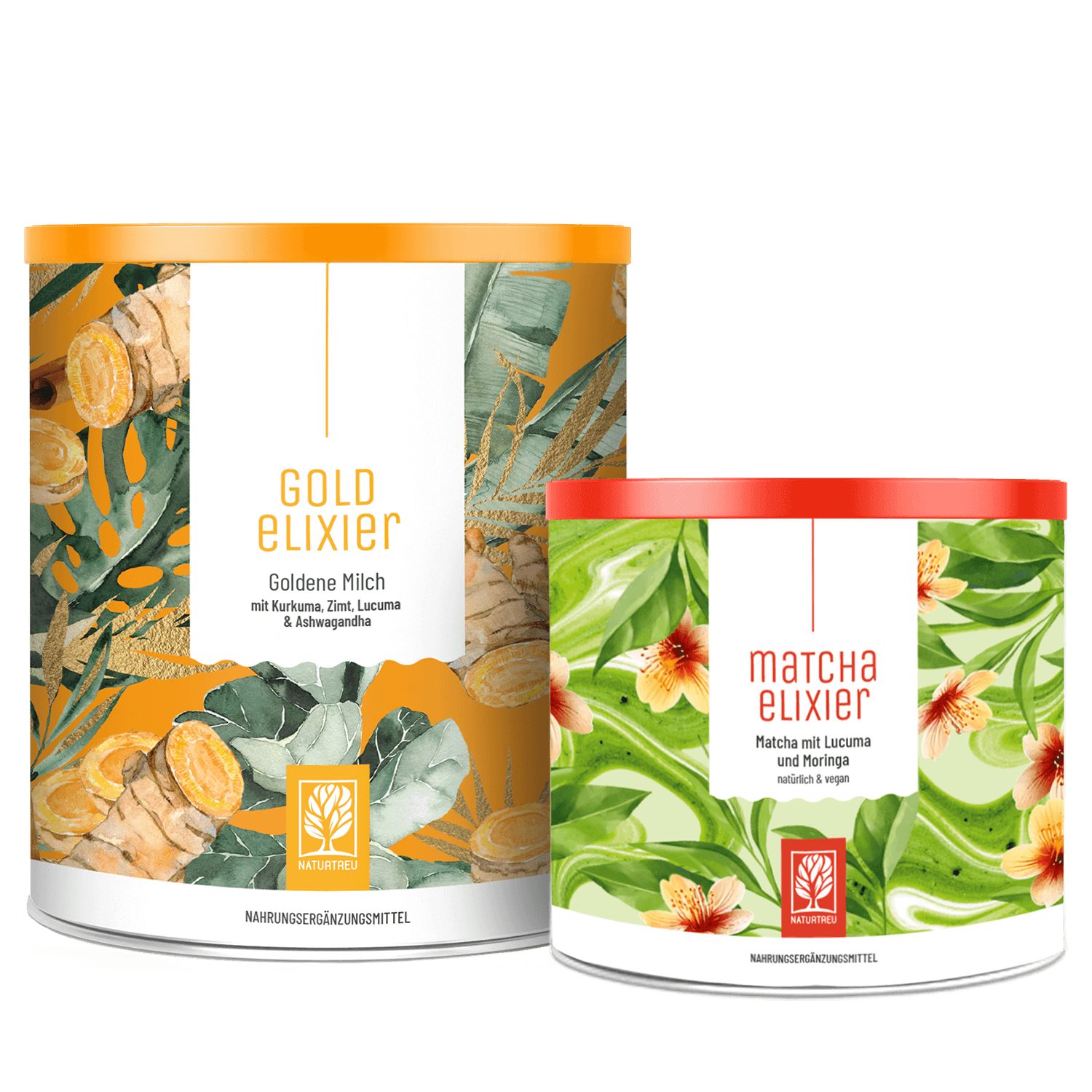Zwei Dosen: GOLDELIXIER und MATCHAELIXIER. Beide mit Deckel und Etikett. GOLDELIXIER gelb, MATCHAELIXIER rot. Beide mit floralem Muster.