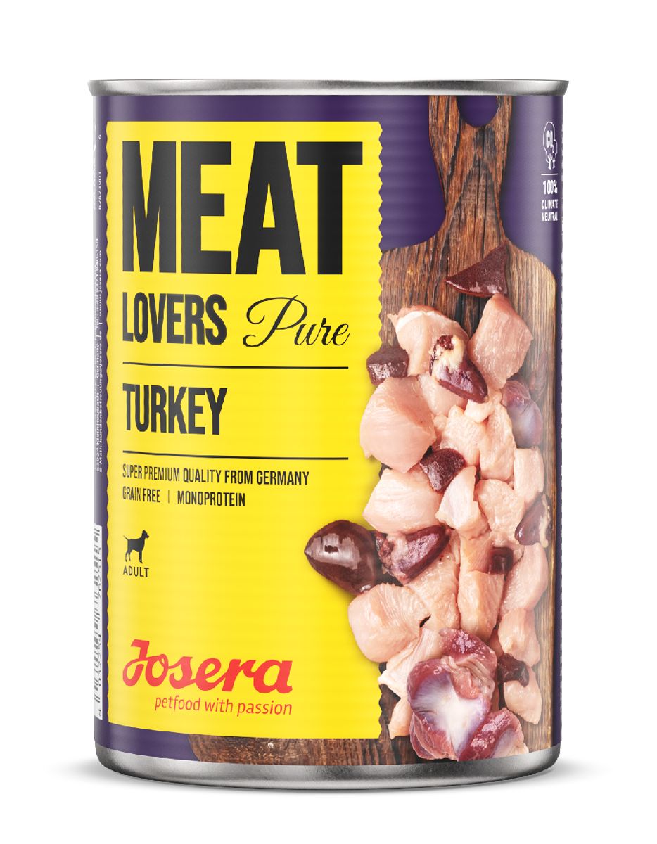 Dose JOSERA Meat Lovers Pure Turkey. Aufdruck: Meat Lovers Pure Turkey, Super Premium Quality, Getreidefrei, Monoprotein, Josera.