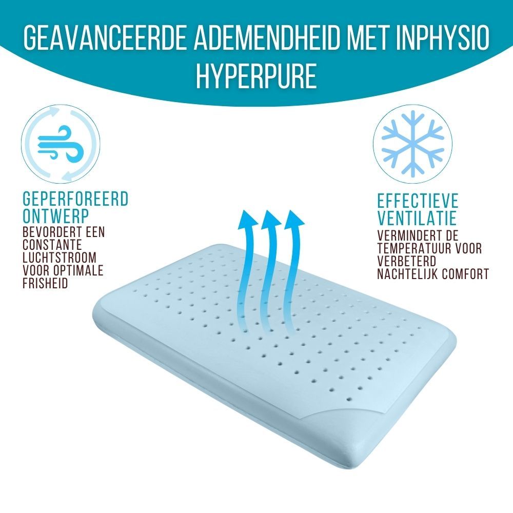 Vrouw op kussen. Tekst: Ultiem comfort voor herstellende slaap. Ergonomische uitlijning, vermindert zweten, verlicht opvliegers.