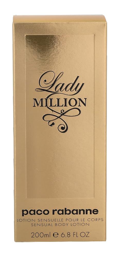 Goldfarbene Kartonverpackung. Aufschrift "Lady Million" und "paco rabanne". Sensual Body Lotion. 200ml.