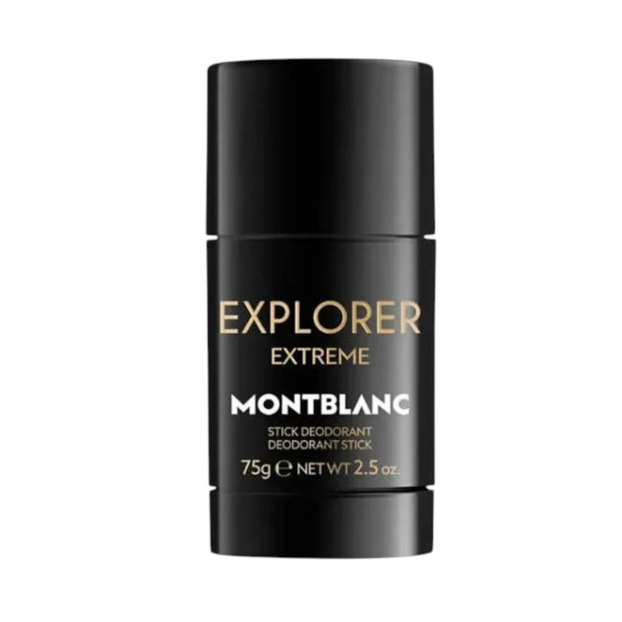 Schwarzer Deostift. Aufschrift: EXPLORER EXTREME, MONTBLANC, STICK DEODORANT, 75g e NET WT 2.5 oz.