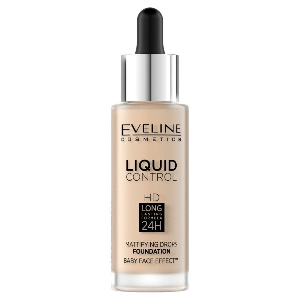 Flüssiges Make-up mit Tropfer. Marke Eveline Cosmetics. Bezeichnung: Liquid Control HD. Text: Mattifying Drops Foundation, Baby Face Effect.