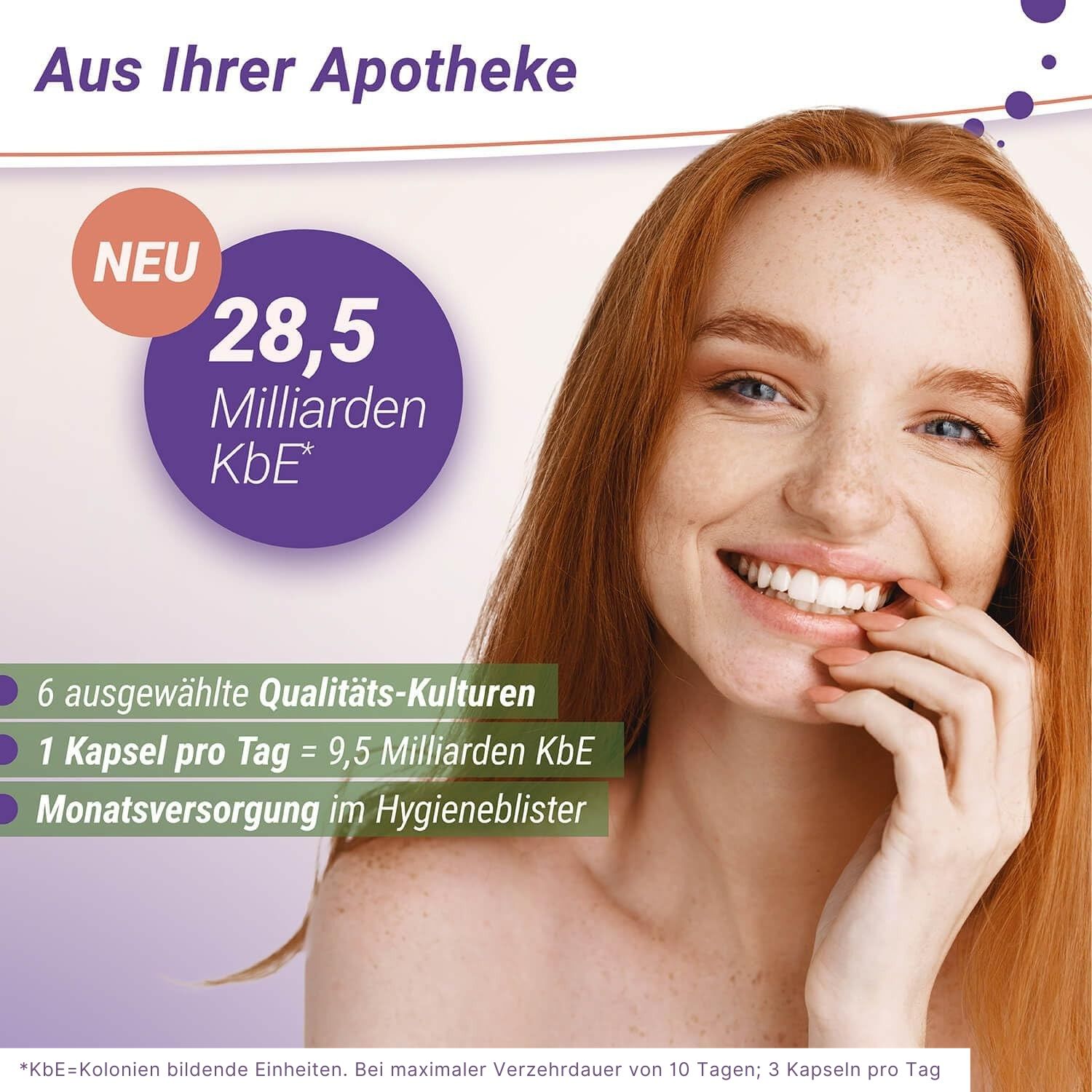 Frau lächelt. Text: 28,5 Milliarden KBE. 6 Qualitätskulturen, 1 Kapsel pro Tag, Monatsversorgung im Hygieneblister.