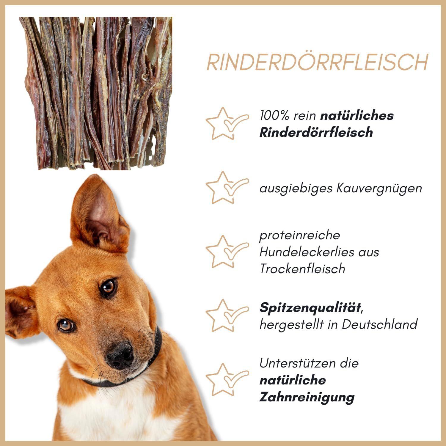 Hund mit getrocknetem Rindfleisch, Text: Rinderdörrfleisch, 100% natürlich, Kauvergnügen, Proteinreich, Spitzenqualität.