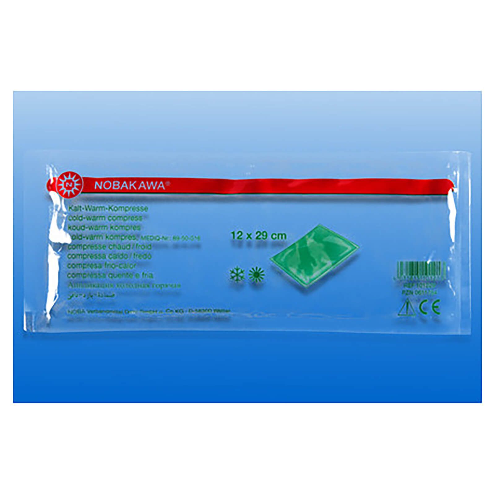 Kalt-Warm-Kompresse in transparenter Verpackung. Rote und grüne Elemente. Produktname und Maße 12 x 29 cm sichtbar.