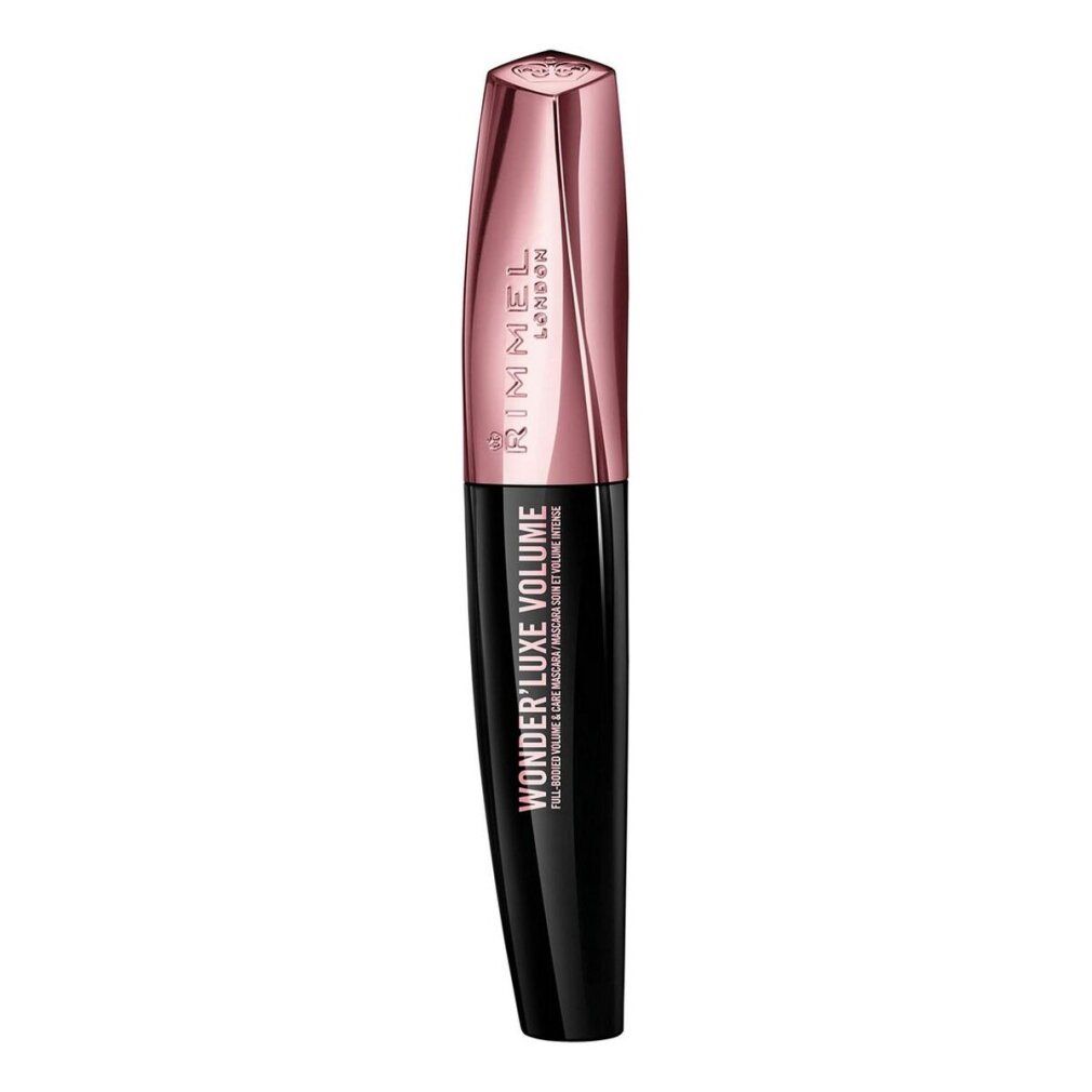Schwarze Mascara-Tube mit roségoldenem Deckel. Text: Wonder'luxe Volume, Rimmel London.
