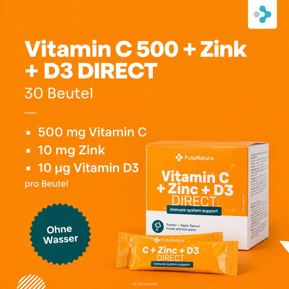 FutuNatura Vitamin C 500 + Zink + D3 DIRECT: 30 Beutel, 500mg Vitamin C, 10mg Zink, 10µg Vitamin D3 pro Beutel.