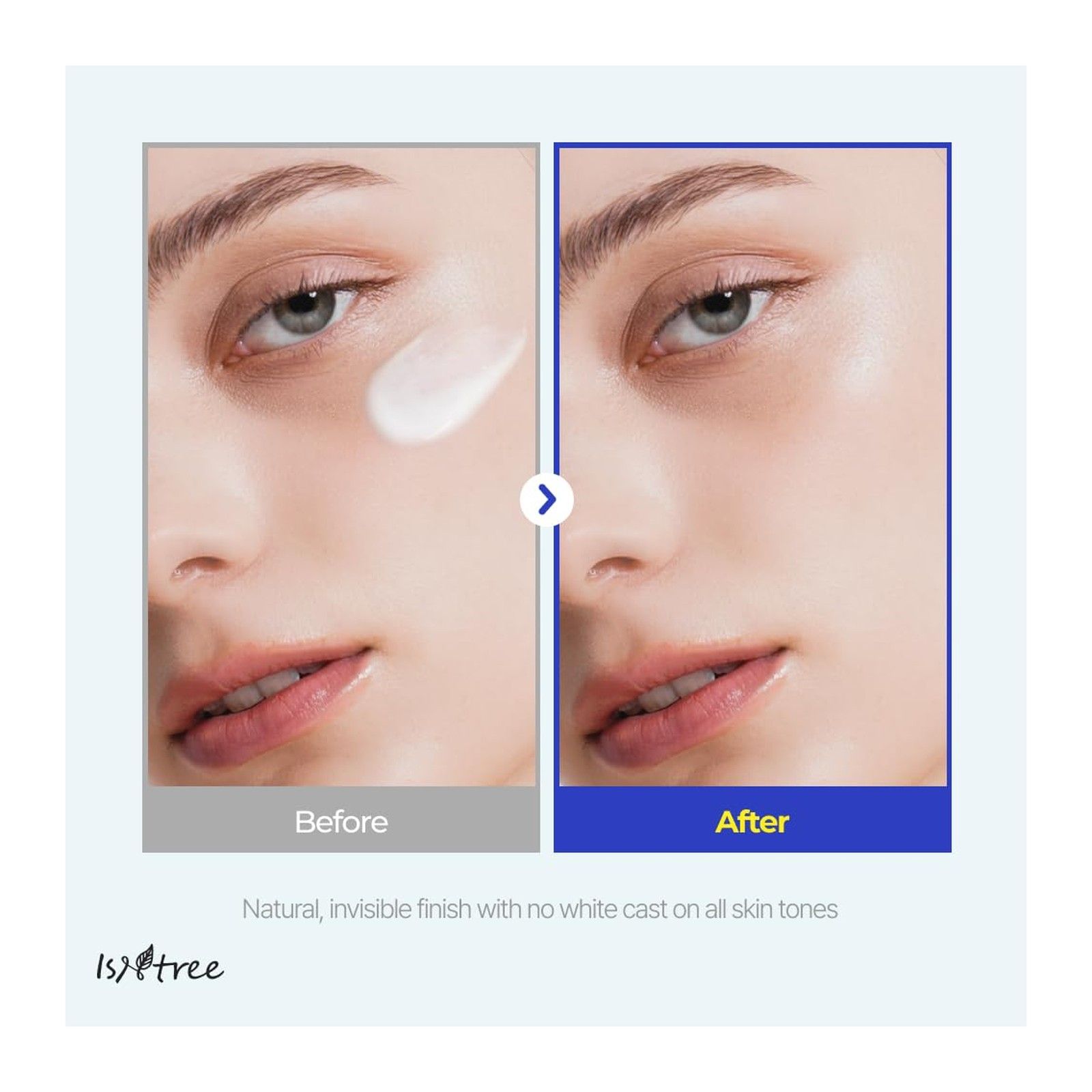 Vorher/Nachher-Vergleich von Isntree Hyaluronic Acid Natural Sun Cream auf der Haut.