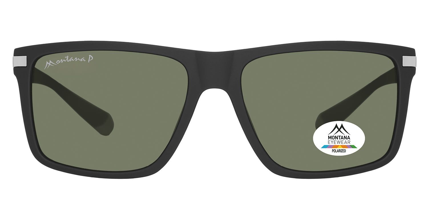 Schwarze Sonnenbrille mit rechteckigen Gläsern. Logo Montana Eyewear und Polarisations-Aufkleber. Bügel mit silbernen Akzenten.