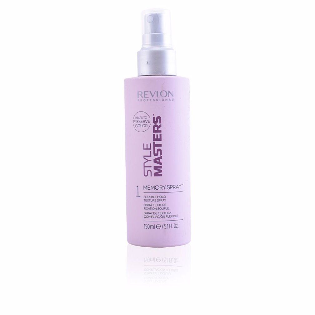 Lila Haarspray-Flasche. Text: Revlon Style Masters, Memory Spray, Flexible Hold Texture Spray. Mit Sprühkopf.